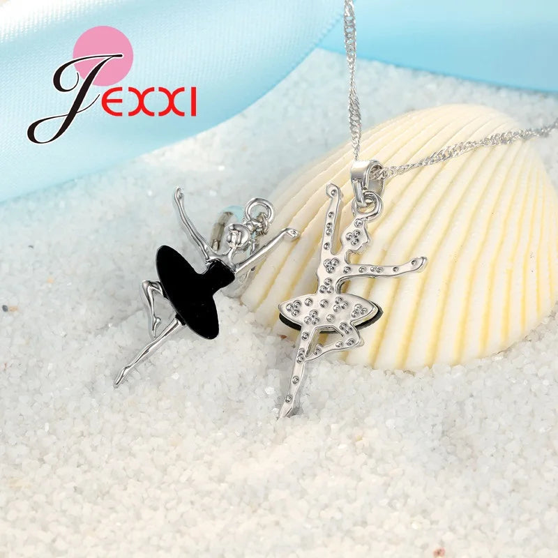 Charming Girl Doll Pendant Necklace Earrings 925 Sterling Silver Black Dress Ballet Fashion Woman Zircon Stone Jewelry Set Good Vibrations
