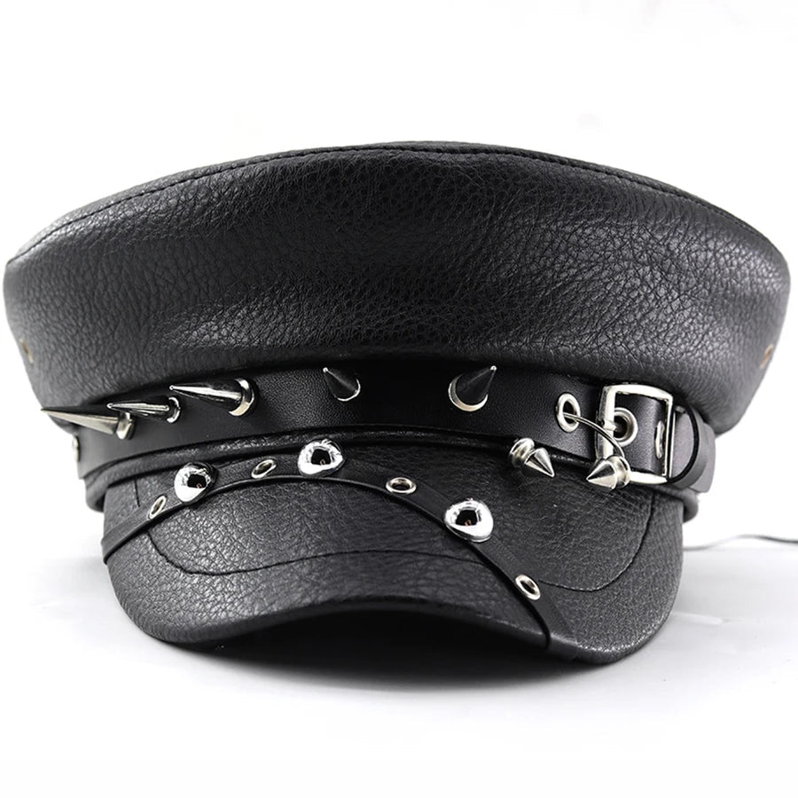 Women's Trendy Beret Black Pu Leather Flat Top Captain Military Caps Women's Accessories Good Vibrations