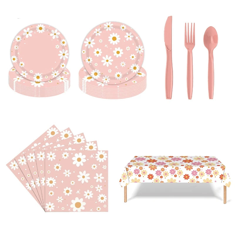 24pcs 7/9inch Pink Daisy Theme Disposable Tableware Flower Plate Napkin Straws Banner Birthday Party Baby Shower Wedding Decor Good Vibrations