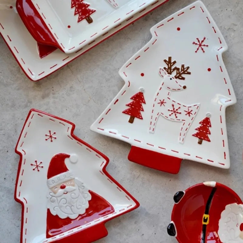 Christmas Hand-painted Ceramic Tableware Set Cute Christmas Steak Plate Embossed Underglaze Color Flat Plate Good Vibrations