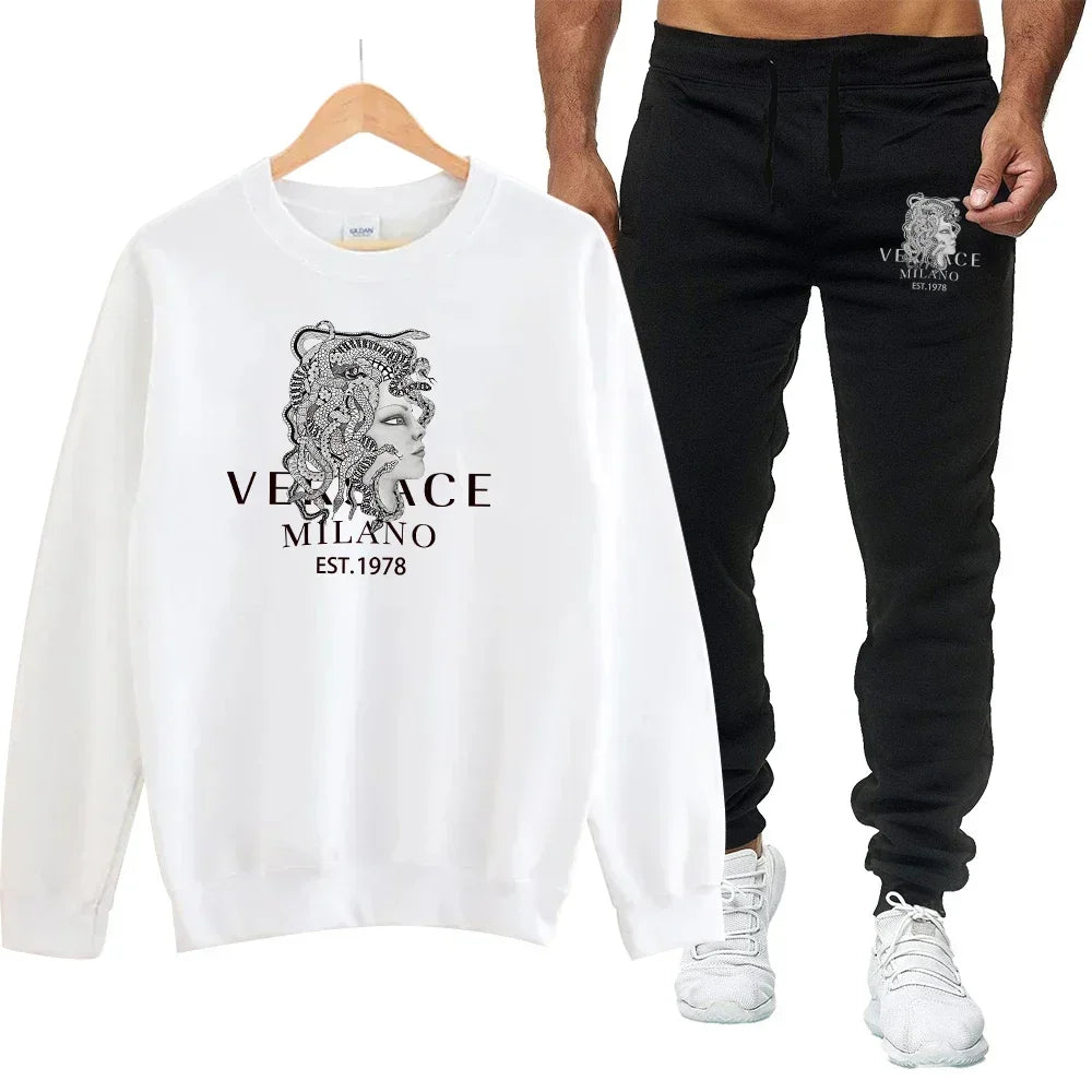 Men's Autumn Round Neck Sweatshirt + Sweatpants Luxury Print Simple Casual Versatile Casual Sports Two-piece Set for Men Good Vibrations