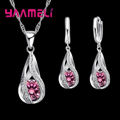 Hot Water Drop CZ 925 Sterling Silver Plated Jewelry Set For Women Pendant Necklace Hoop Earrings Wedding Party Ceremoey Anel Good Vibrations