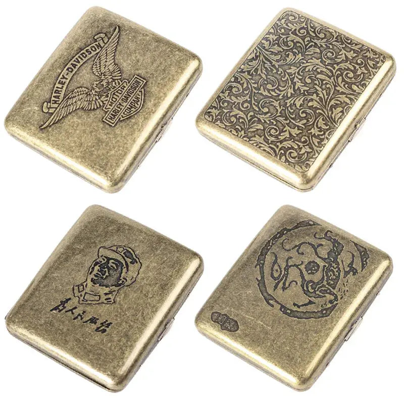 Retro brass cigarette box with engraved designs, featuring a vintage aesthetic and durable construction.