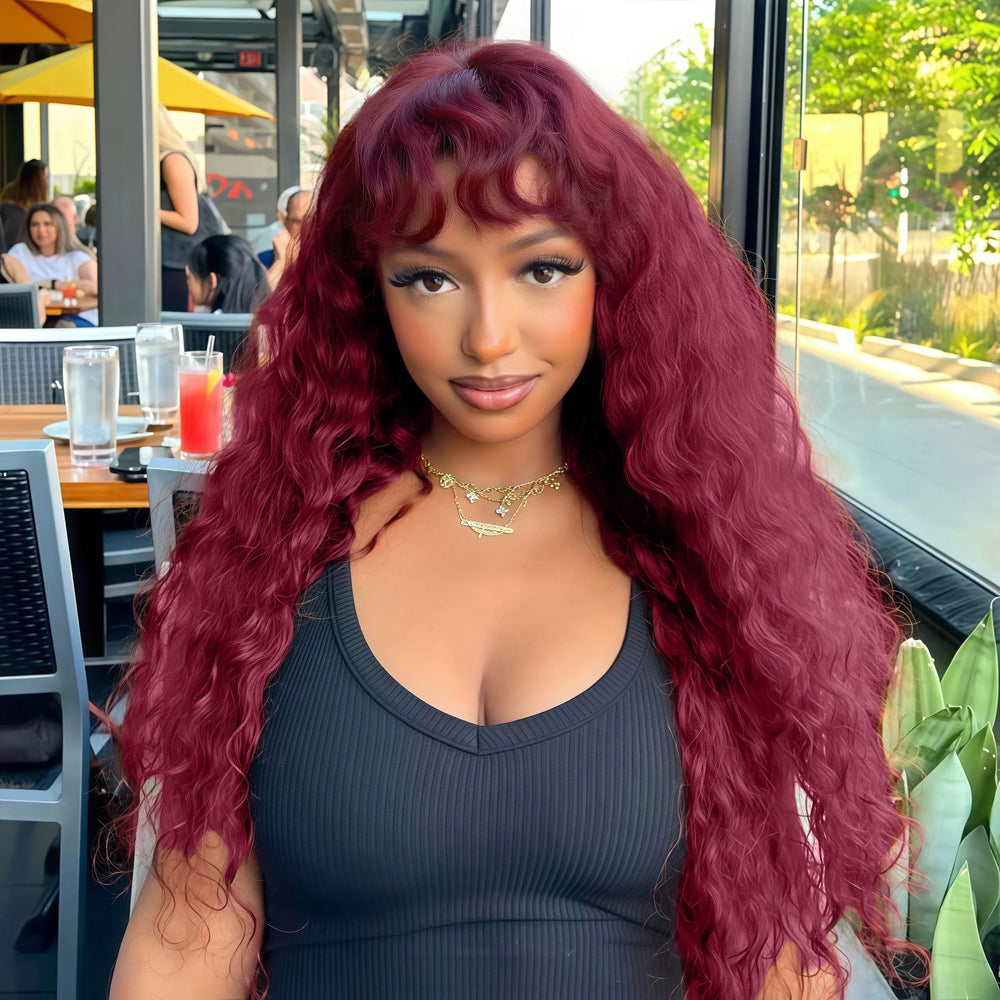 Glueless 200% Density 99J Burgundy Full Machine Made Deep Wave Wig with Bangs Water Wave Red Curly Human Hair Wigs Wear and Go Good Vibrations