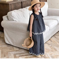 Girls' Summer Outfit New Kids Temperament Plaid Lace Vest+Wide Leg Pants Two-piece Set Trendy Children's Clothing Sets Good Vibrations
