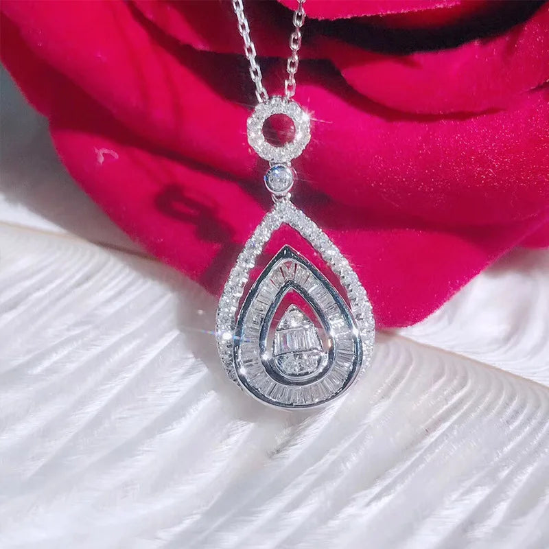 Fashion Unique Gift for Women Birthday 925 Sterling Silver Color White Waterdrop Zircon Stone Pendant with 18 Inch Chain Set Good Vibrations Adult Super Store