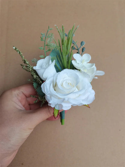 Boutonnieres Flowers Artificial White Roses Silk Ivory Corsage Buttonhole Groomsmen Boutonniere for Men Wedding Accessories Good Vibrations