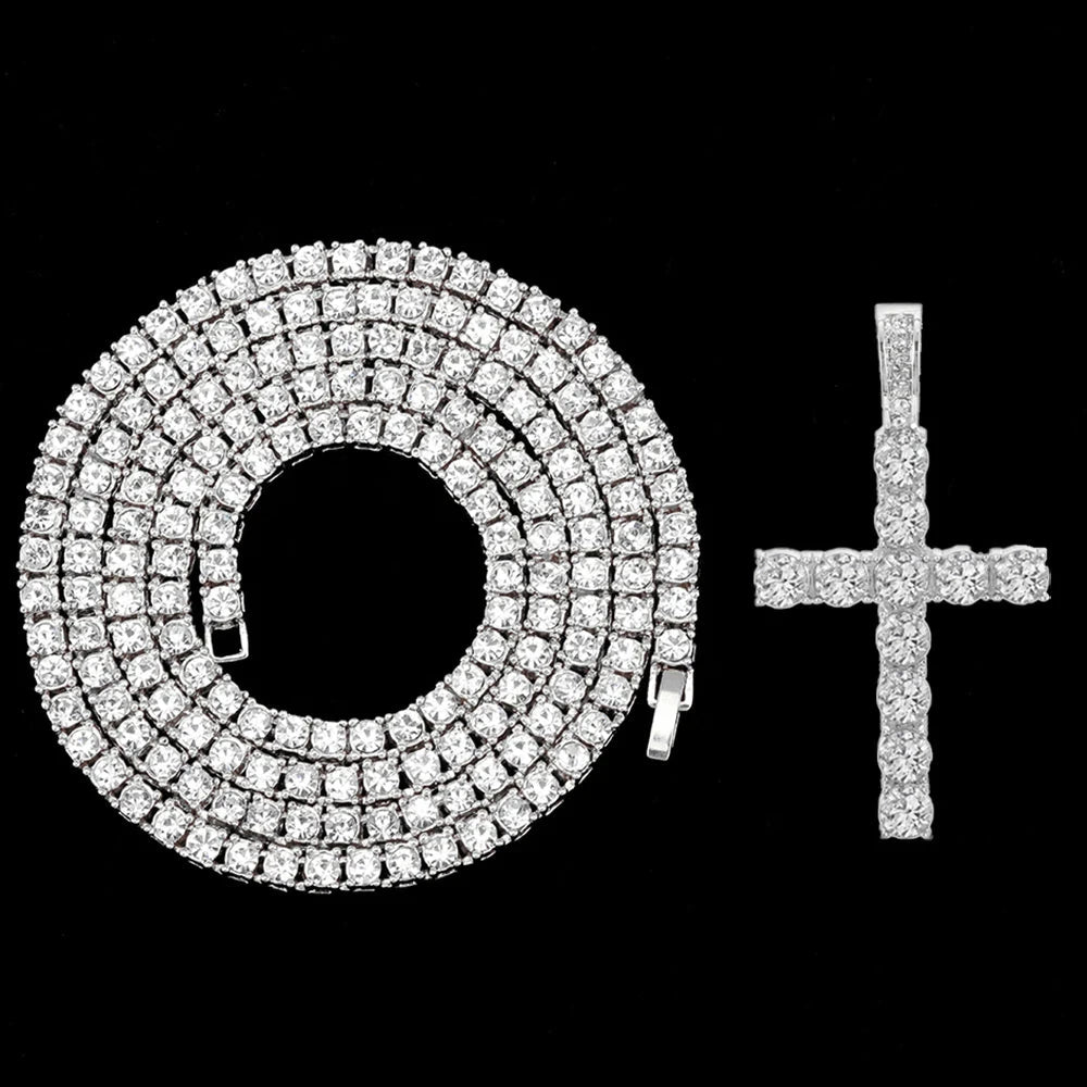 Hip Hop Iced Out Cross Pendant Necklace Strap 4mm Zircon Tennis Chain Men Women Sparkling Necklace Punk Jewelry Fashion Gift Good Vibrations
