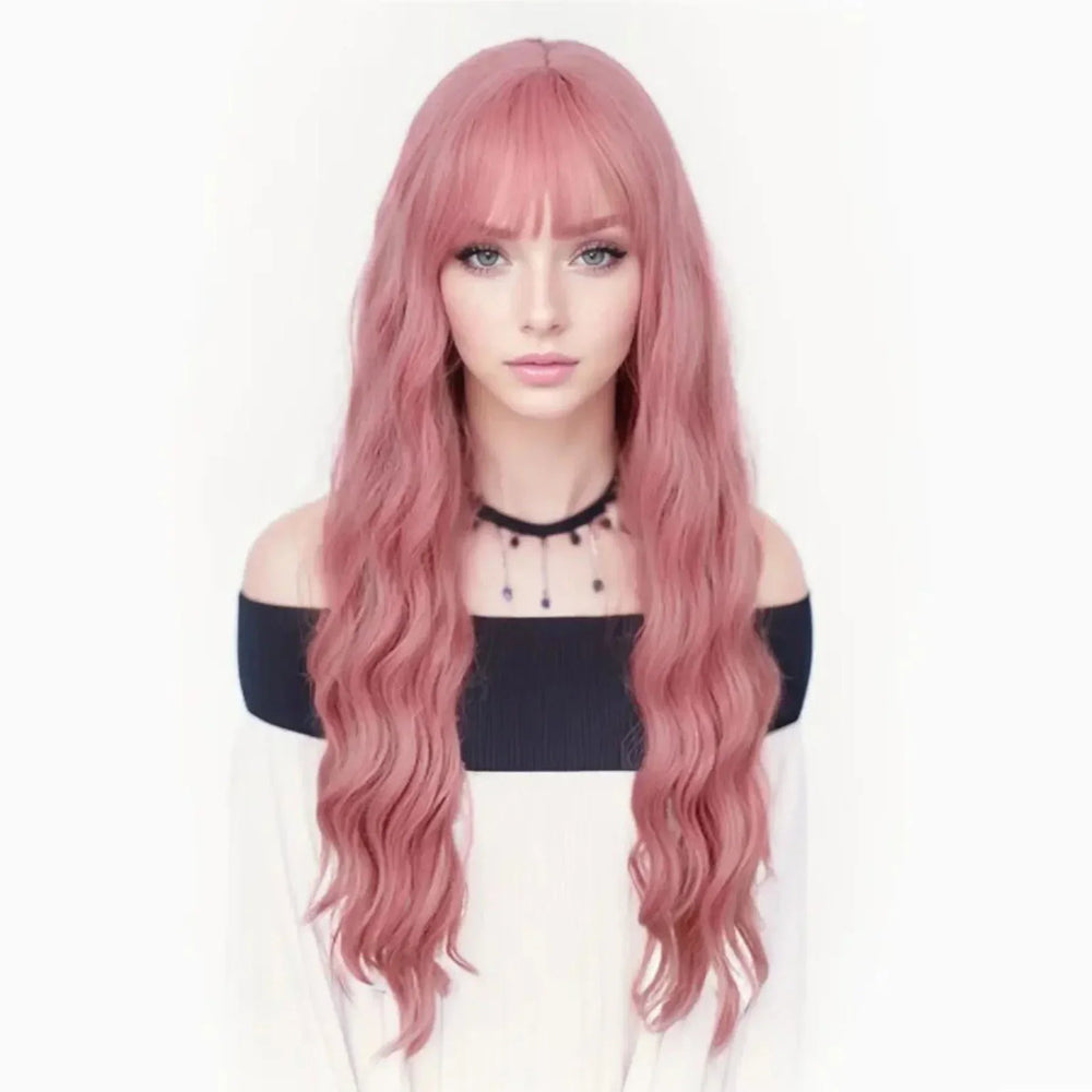 Synthetic Cosplay Pink Wigs Long Water Wavy Wig with Bangs for Women Girls Halloween Wig Costume Carnival Party Christmas Use Good Vibrations