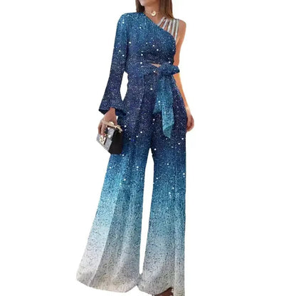 Elegant Two 2 Piece Sets Women Outfits Off-the-shoulder Sequin Tops and High-waisted Plus-size Wide-leg Pants Set Women's Set Good Vibrations