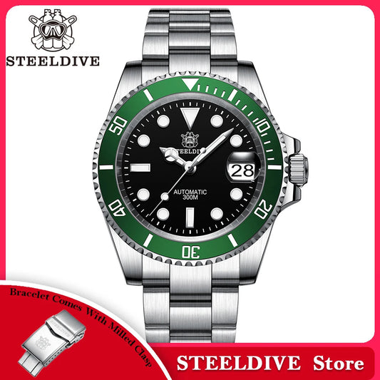 STEELDIVE SD1953 Black Dial Green Ceramic Bezel NH35 Automatic Watch 300M Waterproof Sapphire Glass Men Dive Watches Good Vibrations