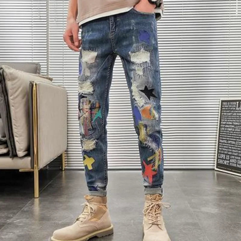 Graphic Men's Jeans Tapered Man Cowboy Pants Ripped with Print Torn Slim Fit Trousers Korean Fashion Retro Broken Harajuku Xs XL Good Vibrations