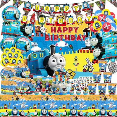 Thomas Birthday Decorations Cartoon Train Balloons Paper Tableware Stickers Backdrop For Kids Boy Girl Party Supplies Toy Gifts