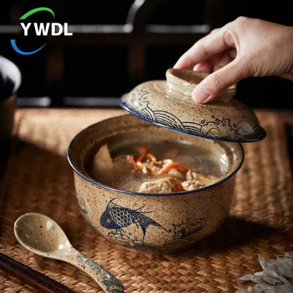 6.5inch Japanese Style Ramen Bowl With Lid Ceramic Instant Noodle Bowl For Soup Rice Noodle And Porridge Kitchen Tableware Good Vibrations