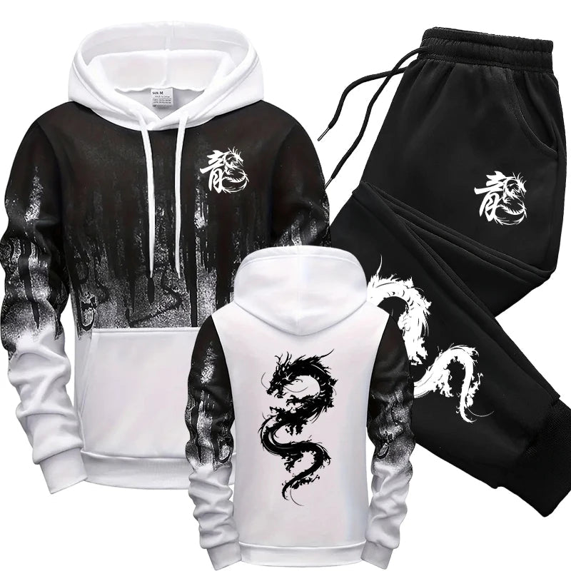 Chinese Dragon Tracksuit Hooded Sweatshirt Sweatpants City Vibe Hoodie 2 Piece Set Autumn Winter Men's Daily Casual Sport Outfit Good Vibrations