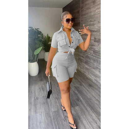 Streetwear Two Piece Set for Women Summer Outfits Pockets Short Sleeve Button-Up Shirt Top Short Sets Party Club Matching Sets Good Vibrations