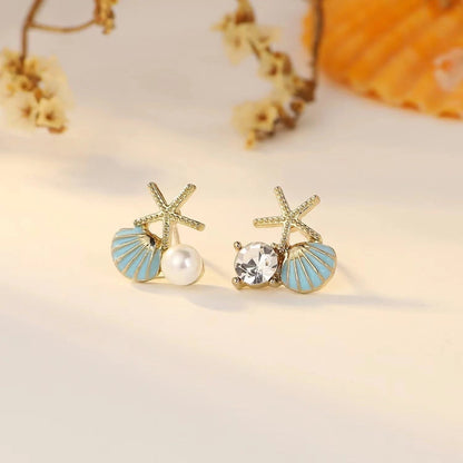 Fashion Asymmetric Ocean Style Earrings Stud  For Women Starfish Shell Earring Ear Ring Imitation Pearl Zircon Jewelry Gift Good Vibrations