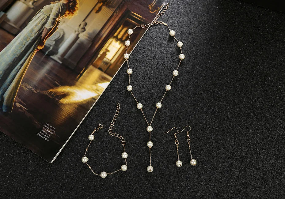 4pcs Gold-color Necklace Earring Bracelet Set Ladies Elegant Imitation-Pearls Collection Temperament Tassel Jewelry Good Vibrations Adult Super Store