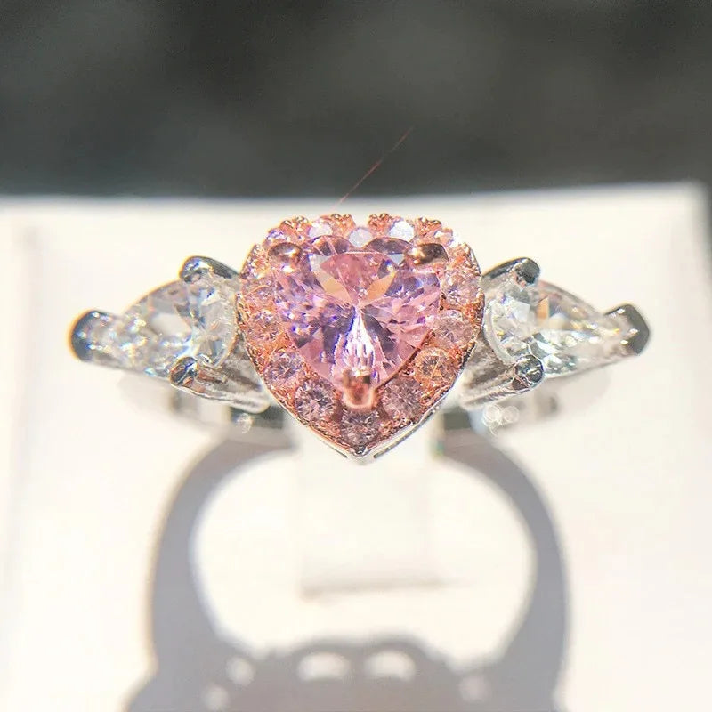 Pink Cubic Zirconia Ring Suitable for Women's Engagement Wedding Luxury Accessories Sparkling Silver Fashion Jewelry Good Vibrations
