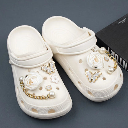 Shoe Charms DIY Fabric Rose Camellia Pearl Chain Decoration Buckle for Hole Shoe Charm Set Accessories Kids Party Girls Gift Good Vibrations