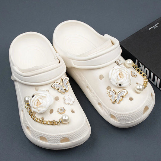 Shoe Charms DIY Fabric Rose Camellia Pearl Chain Decoration Buckle for Hole Shoe Charm Set Accessories Kids Party Girls Gift Good Vibrations