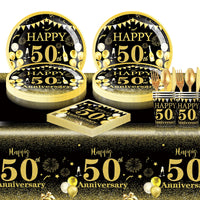 Happy 50th birthday party table supplies, black and gold theme, napkins, 7inch paper cups, tablecloth, plates,  party decoration Good Vibrations