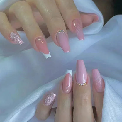 24Pcs Brown Long Coffin False Nails Glitter Ballet Wearable with French Design Fake nails Full Press on Nail Ins Nail Tips Art Good Vibrations