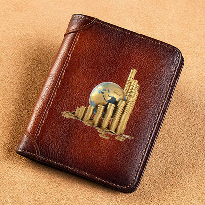 High Quality Genuine Leather Men Wallets Golden Bitcoin Sign Printing Short Card Holder Purse Billfold Men's Wallet BK1003 Good Vibrations