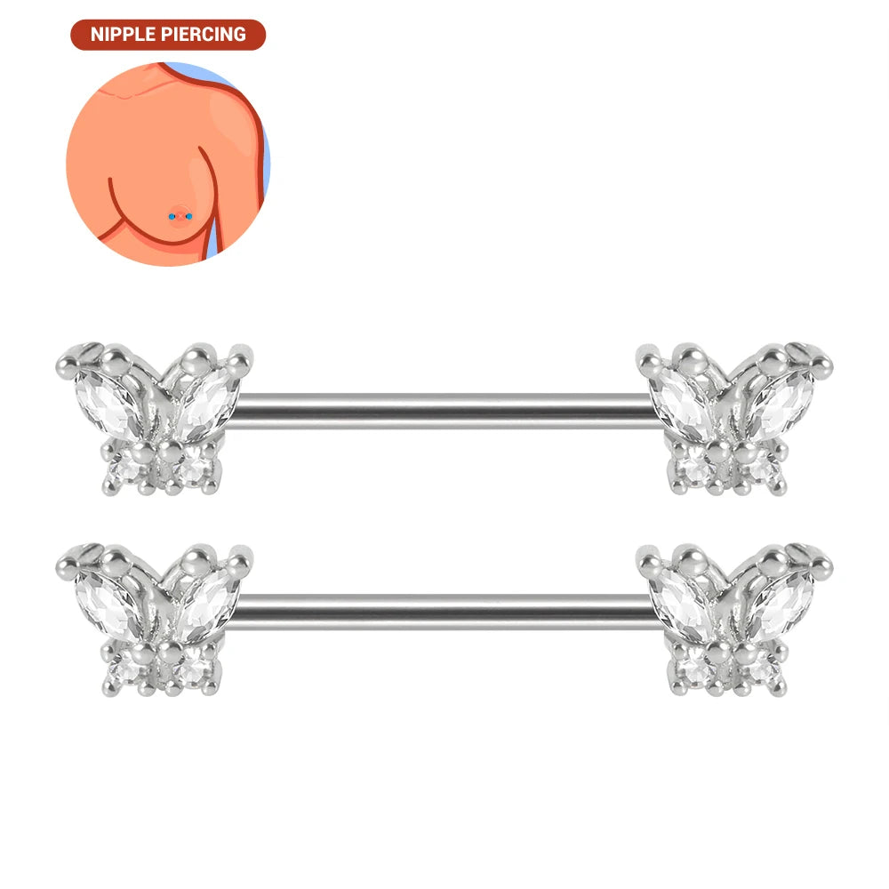 1pair Nipple Piercing Stainless Steel Nipple Rings CZ Butterfly Heart Nipple Barbell For Women Girls 16G Body Piercing Jewelry Good Vibrations