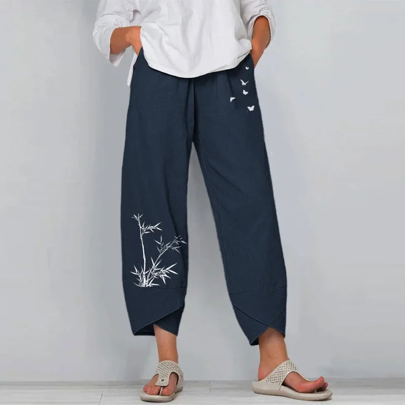 Vintage Print Pants Women Fashion Irregular Casual High Waist Elastic Waist Straight Loose Trousers Summer Lady Cargo Pantalon Good Vibrations