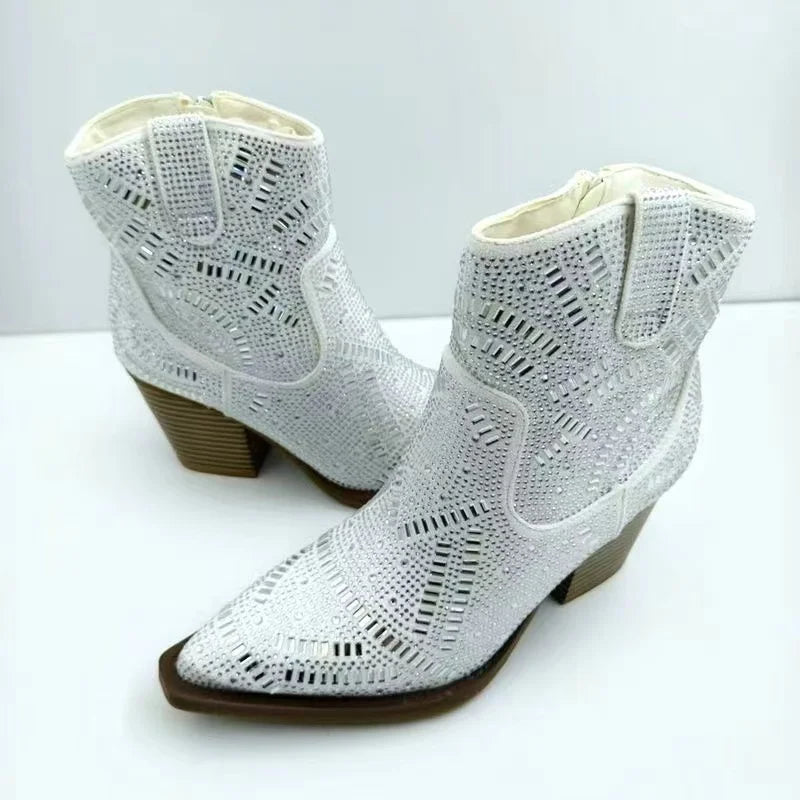 Ankle Boots for Women Luxury Full Diamond Chelsea Boots Western Cowboy Y2k Fashion Wedges Pointed Toe Zipper Women Heels shoes Good Vibrations