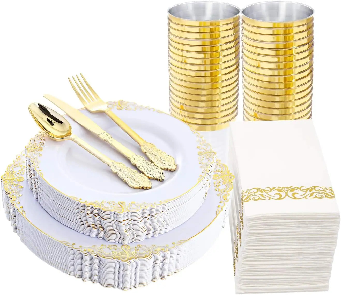 175PCS Blue Gold Plastic Plates Sets, Include 25Dinner Plates, 25Dessert Plates, 25Cups, 25Forks, 25Knives, 25Spoons, 25Napkins Good Vibrations