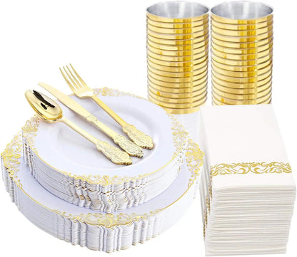 175PCS Blue Gold Plastic Plates Sets, Include 25Dinner Plates, 25Dessert Plates, 25Cups, 25Forks, 25Knives, 25Spoons, 25Napkins Good Vibrations