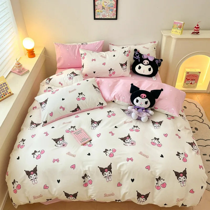Sanrio 100% Cotton Bedding Set Cute Hello Kitty Kuromi Melody King Queen Pillowcase Bed Linens Girl Dorm Bedclothes Home Textile Good Vibrations