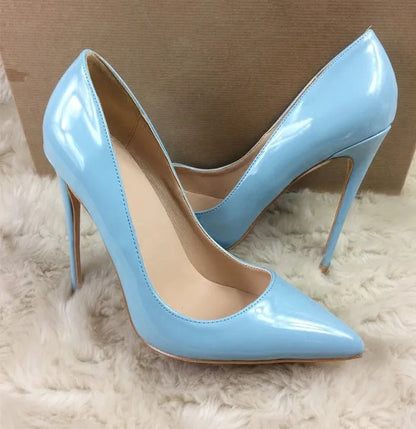 Women's 8CM 10CM 12CM Blue Pointed Toe High Heels 2025 New Elegant Temperament Party Single Shoes Solid Ladies Large Size Pumps Good Vibrations