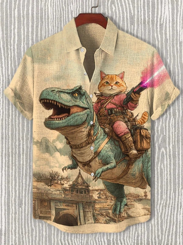 Men's Cat Graphics Shirts Short Sleeved Button Down Lapel Shirt For Summer Oversized Tops Vacation Casual Hawaiian Shirts Good Vibrations