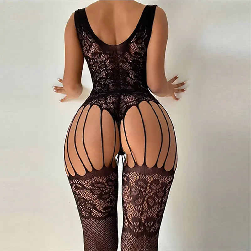 Black Crotchless Body Stockings Lace Sheer Lingerie Women Wear GOOD Vibrations