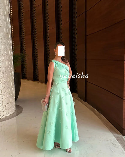 Customized Exquisite Formal Draped Applique Beading Flower A-line One-shoulder Midi Dresses Bespoke Occasion Dresses Formal Good Vibrations