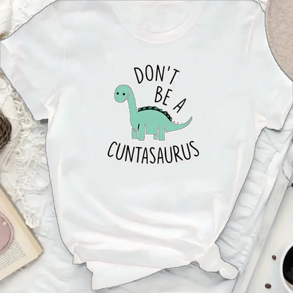 Plus Size Casual T-shirt Women's Plus Cute Dinosaur & Slogan Print Short Sleeve Round Neck Slight Stretch Tee Good Vibrations