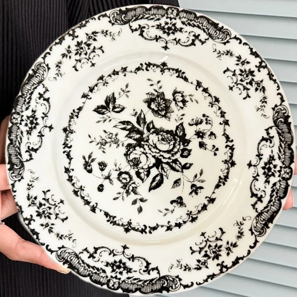 Dinner Set Retro Nordic Flower Pattern Disc Ceramic Elegant Dinner Plate Exquisite Round Shallow Plate Kitchen Good Vibrations