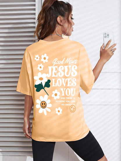 Good News Jesus Loves You Print Women T-Shirt Summer O-Neck T Shirts Basic All-Match Short Sleeve Breathable Comfortable Tops Good Vibrations