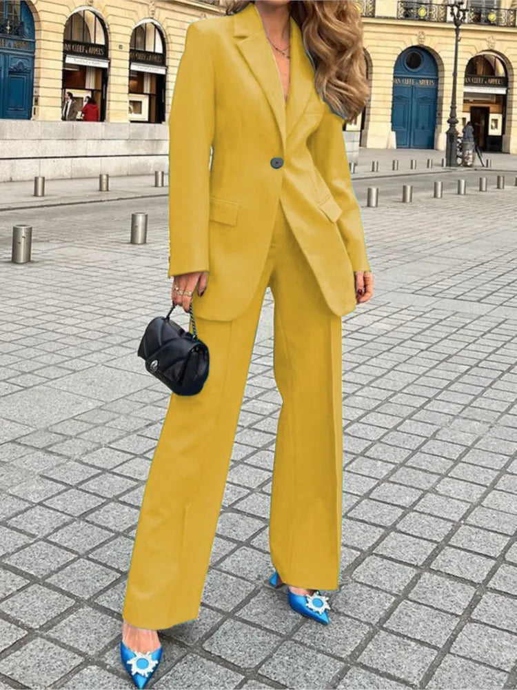 Women Single Button Suit Stylish Women's Formal Business Suit Lapel Coat Wide Leg Pants Set For Office Lady Elegant Solid Color Good Vibrations