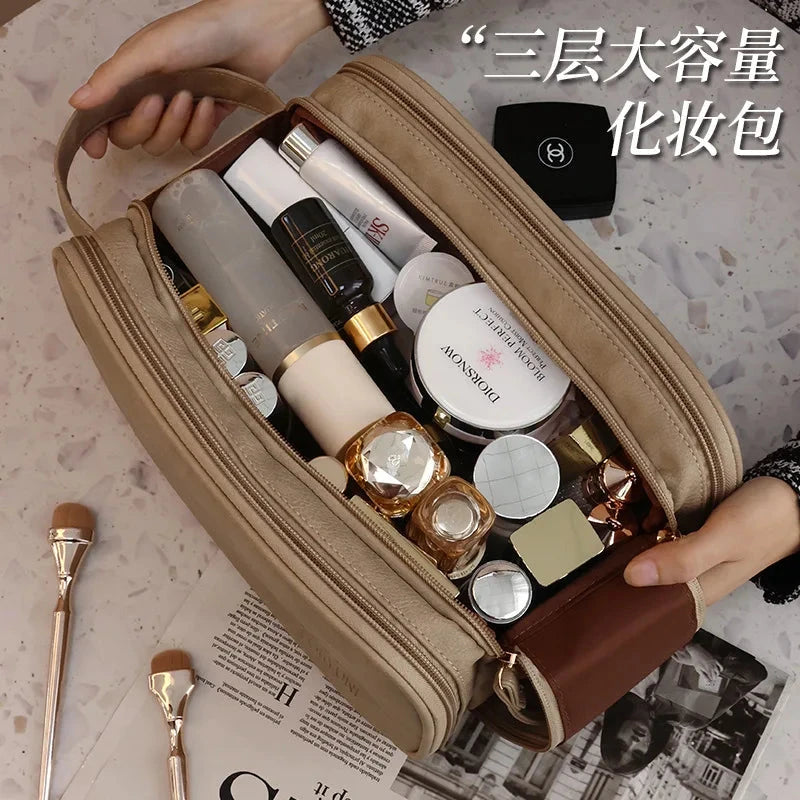 Multifunctional Makeup Bag For Women PU Leather Large Capacity Portable Double Zipper Travel Makeup Brush Toiletries Storage Bag Good Vibrations