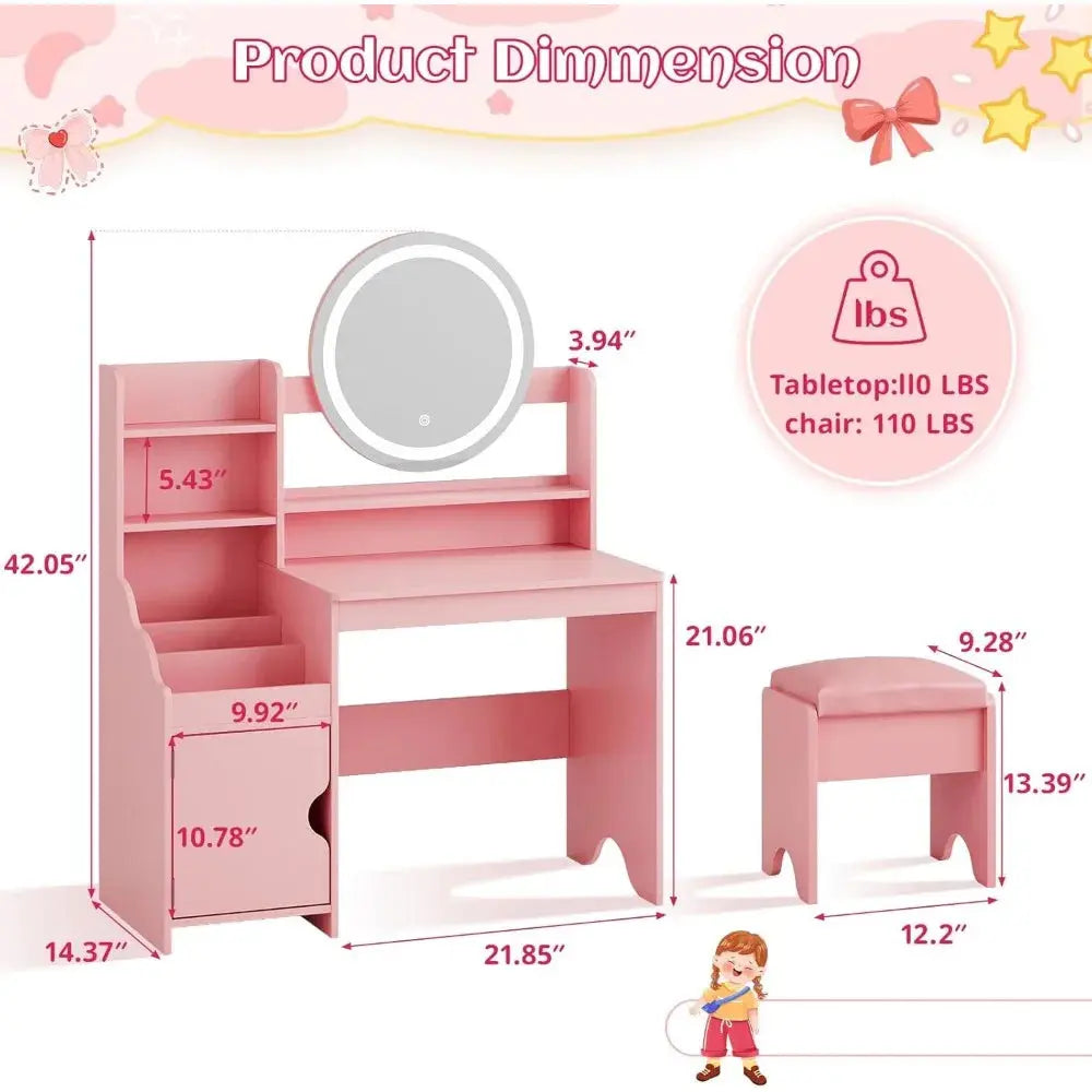 Kids Vanity with Lights, Princess Makeup Vanity Desk with Open Bookshelf, Storage Cabinet & Shelves, Toddler Vanity Tabl Good Vibrations