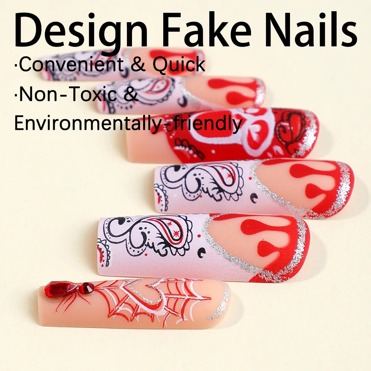 Scary Blood Skull Fake Nails Long Coffin Ballet Halloween Style False Nails 24pcs Wearable Press on Nail tips for Halloween Gift Good Vibrations