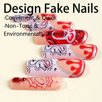 Scary Blood Skull Fake Nails Long Coffin Ballet Halloween Style False Nails 24pcs Wearable Press on Nail tips for Halloween Gift Good Vibrations