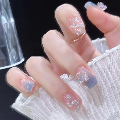 24Pcs Short Square Coffin False Nails French Glitter Wearable Fake Nails Acrylic Full Cover Women Ballet Press on Nails Tips Good Vibrations