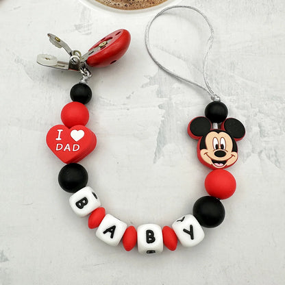 Personalized English Letters Baby Silicone Cartoon Disne Pacifier Clips Chains Holder Teether Pendants Teething Kawaii Baby Gift Good Vibrations