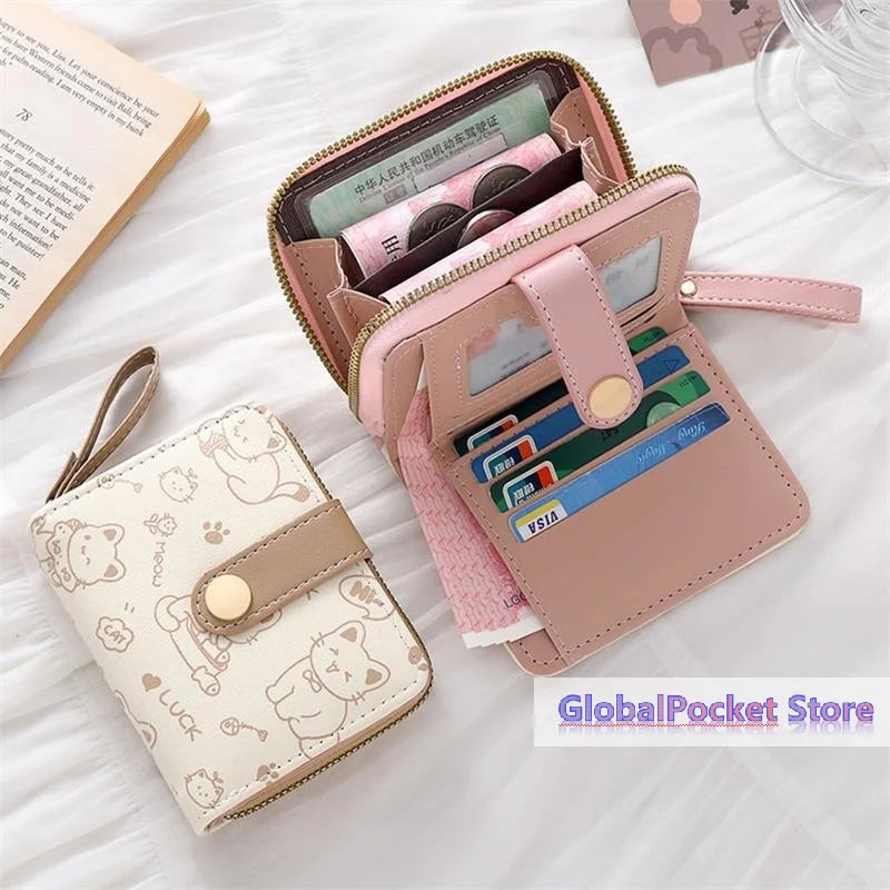 Cute Cat PU Leather Coin Purse Women Fashion Short Wallet Folding Zipper Wallet ID Card Holder Travel Lightweight Cash Coin Bags Good Vibrations