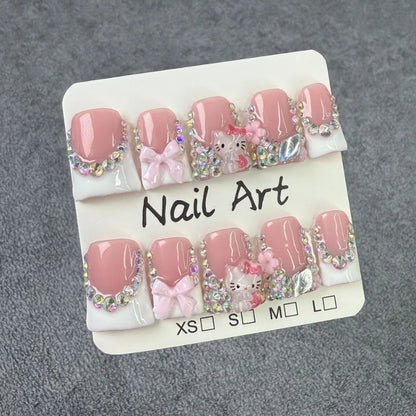 10Pcs Sweet Short Press on nails Bow Cute KT Cat Design Duck French Fake Nails Shiny Rhinestone Handmade White False Nail Tips Good Vibrations